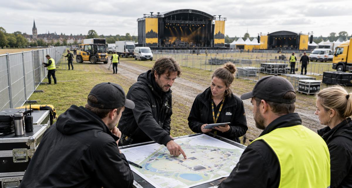 Productieteam bespreekt het terreinplan tijdens de opbouw van een festival